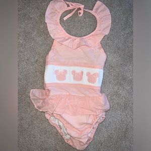 Cecil and lou Pink Swiss Dot Smocked Mouse Ears Swimsuit.
